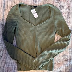 Express Olive Ribbed Scoop V-Neck Long Sleeve Top
